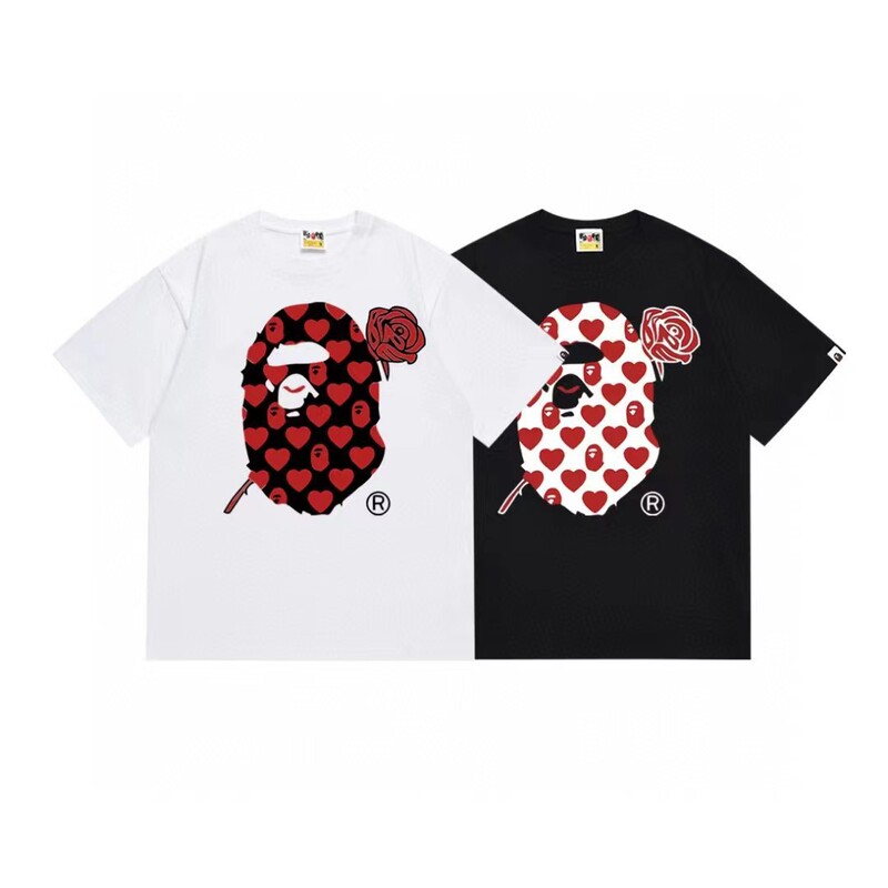 BAPE red rose ape head love letter printed short sleeve T-shirt (men and women with)