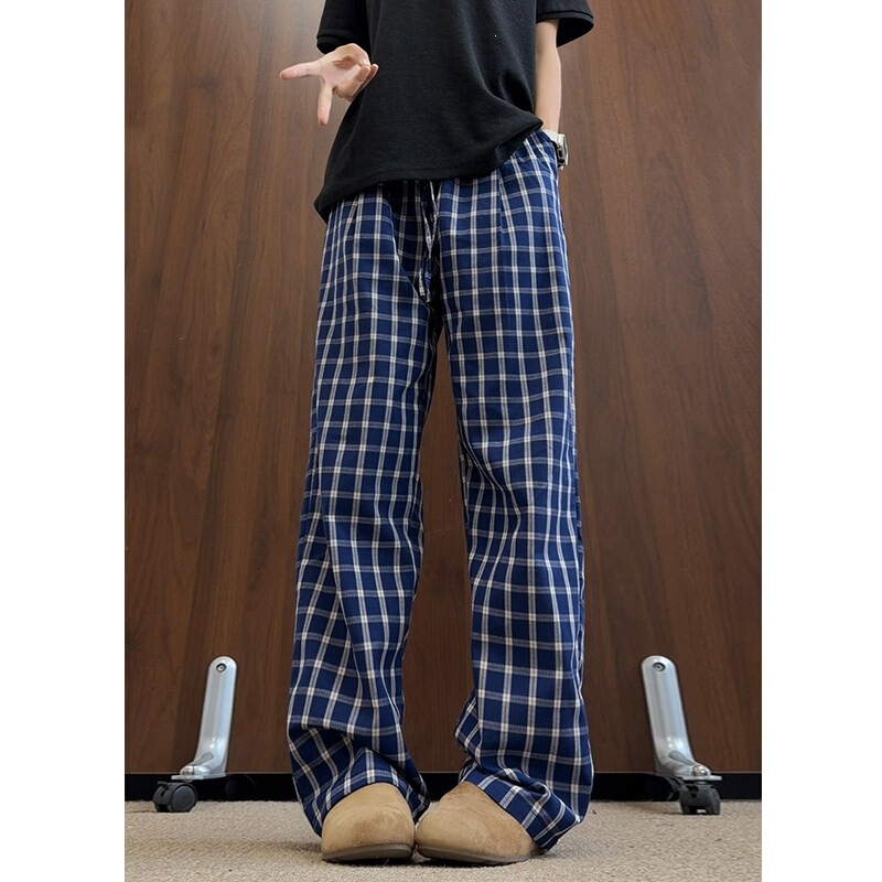 Summer lightweight ice silk navy plaid casual pants for men and women, loose straight-leg, relaxed style long pants, versatile men's trousers Summer lightweight ice silk navy plaid casual pants for men and women, loose straight-leg, relaxed style long pants, versatile men's trousers