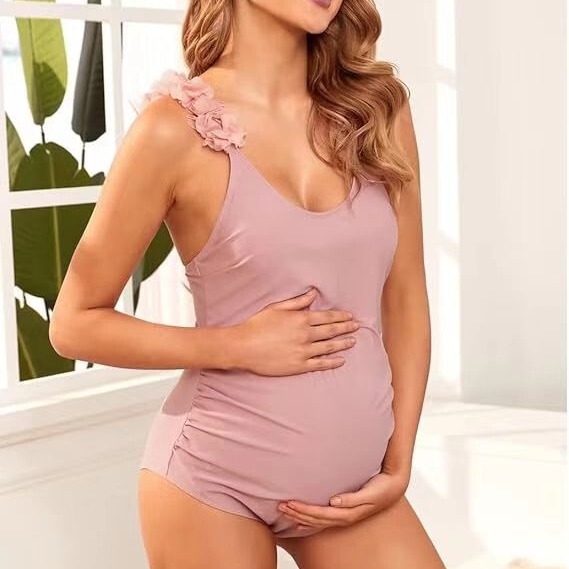 2025 New European and American Foreign Trade Maternity Swimsuit with Tummy Control, Floral Lace, Solid Color One-Piece Bikini for Women