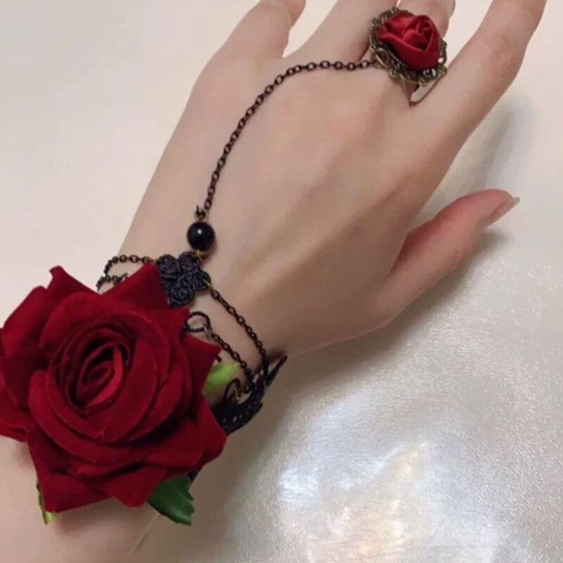 Vintage Gothic Punk Hand Jewelry Fashion Wine Red Flower Lace Bracelet Red Rose Ring One-piece Wrist Band Bracelet