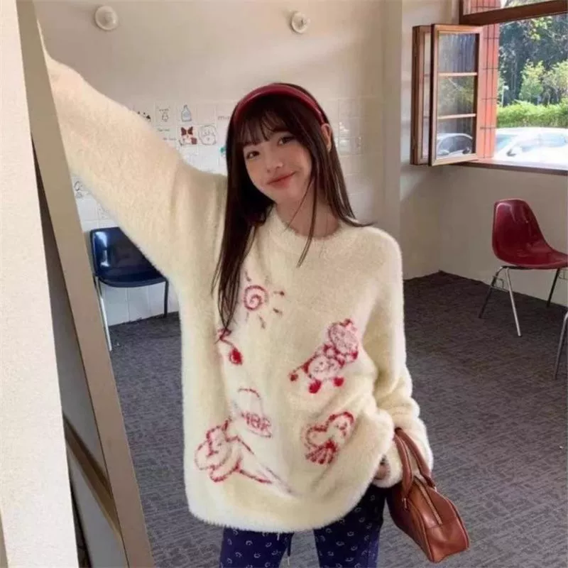 Осень вязаный свитер с круглым вырезом, oversize, американский стиль