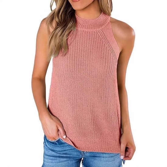 Amazon Cross-Border Summer Solid Color Slim-Fit Sweater Women's Round Neck Sleeveless Knitted Pullover Top with an Elegant and Graceful Look