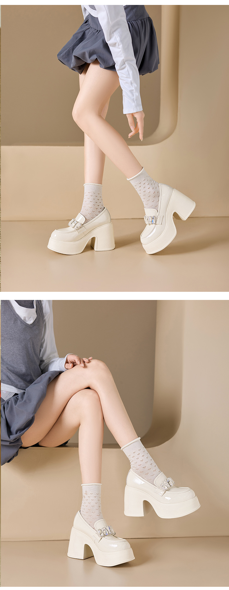 Giày loafer nữ mũi tròn gót vuông đính đá phong cách JK — màu đen, màu trắng ngà chi tiết 7