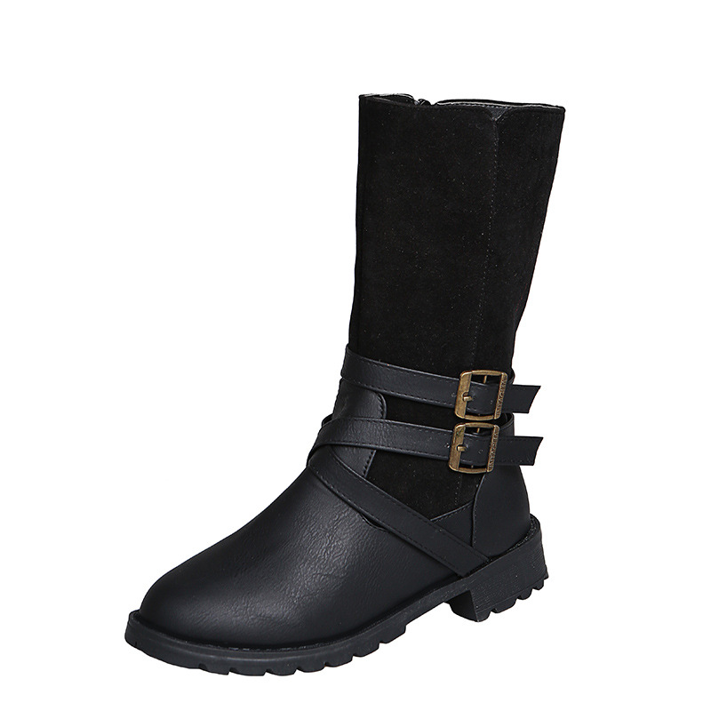 Damenschuhe, Martin-Stiefel mit mittlerer Röhre, Gürtelschnalle, runder Kopf, niedriger Absatz, Ritterstiefel mit seitlichem Reißverschluss, Lederstiefel_voghion.com
