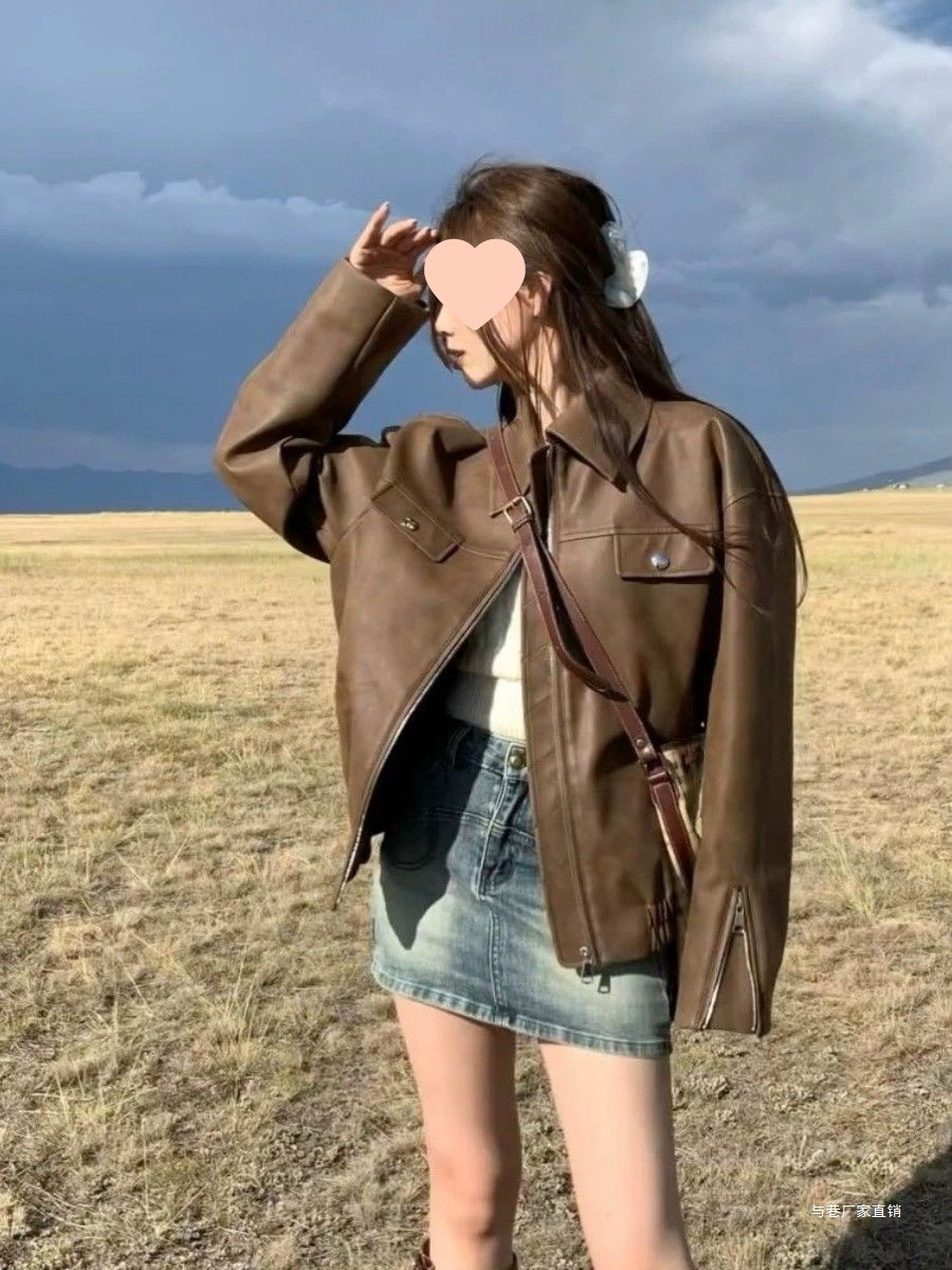 Spring, Autumn and Winter Maillard Brown Leather Jacket Women's 2025 Short Hong Kong Style Western Style Clothes Easiest for Match Slim Motorcycle Clothes