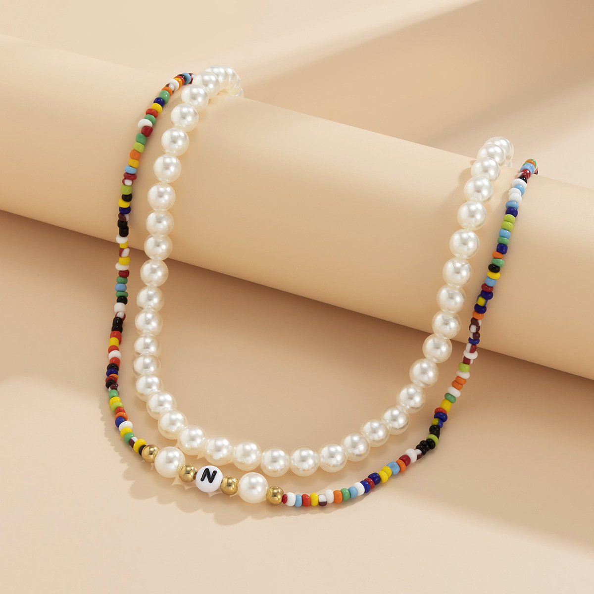 Cross-border Jewelry Mix And Match Rice Bead Woven Contrast Color Necklace Imitation Pearl Eye Letter Necklace display picture 7
