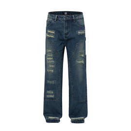 秋季新款男装磨烂牛仔裤青年潮牌宽松高街直筒男式牛仔裤一件代发