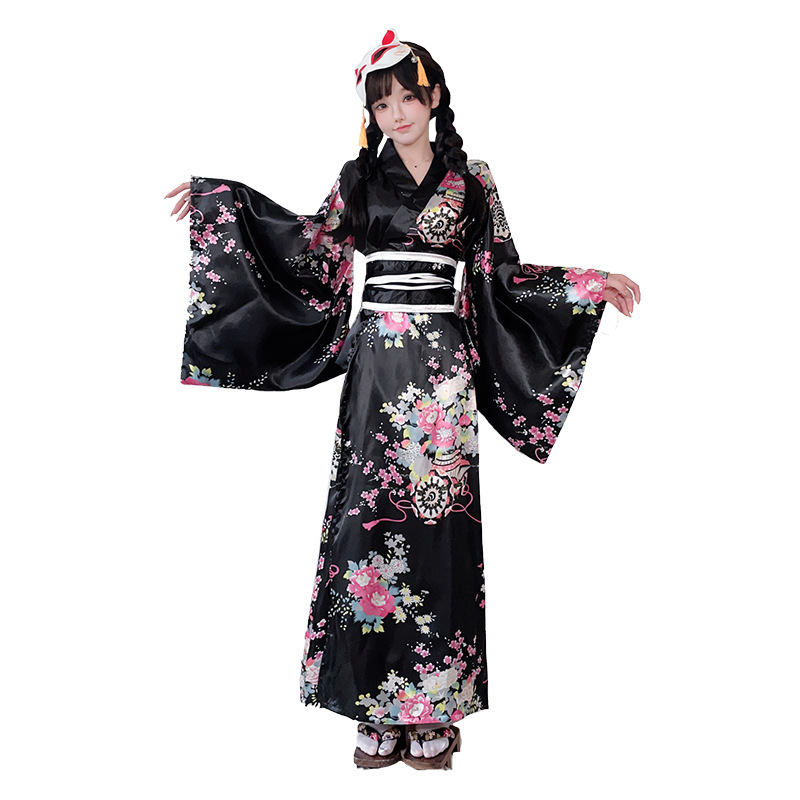 Japanese Formal Cosplay Costume Traditional Kimono with Cherry Blossom Print, Improved Yukata Long Set