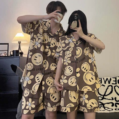 夏季情侣睡衣女短袖短裤韩版可爱少女卡通笑脸微商网红家居服套装|ru