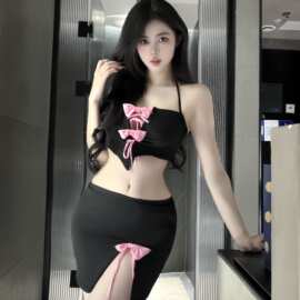 情趣内衣女情调蝴蝶结挂脖纯欲吊带裙诱惑套装工厂直销6749