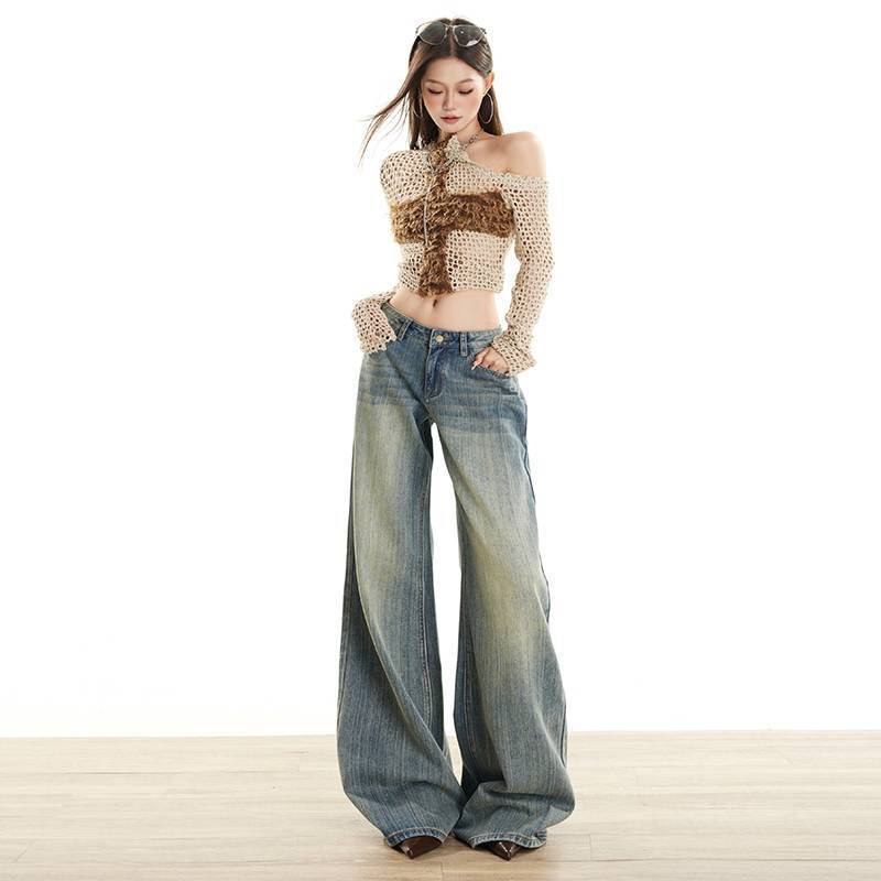 Wholesale Dropshipping Heavyweight Vintage Blue Slub Pattern Flared Jeans for Women, Non-Tight-Fitting, Low-Waist, Loose Flared Pants Ykk