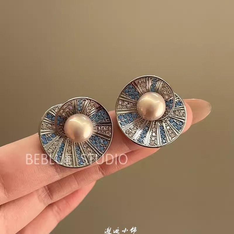浮雕雾霾蓝  法式复古滴釉玫瑰花朵锆石耳环女轻奢高级感小众气质|undefined