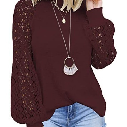 New 2025 Cross-border Amazon Autumn/Winter Round Neck Long Sleeve Lace Splicing Loose Top for Women, In Stock