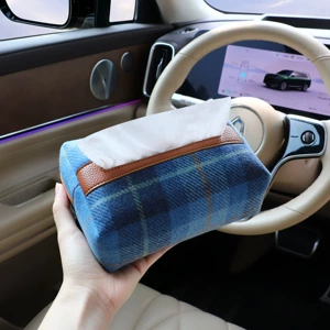 Car tissue box with grid pattern, hanging design, high-end paper towel dispenser for car seat back and armrest, stylish tissue storage box