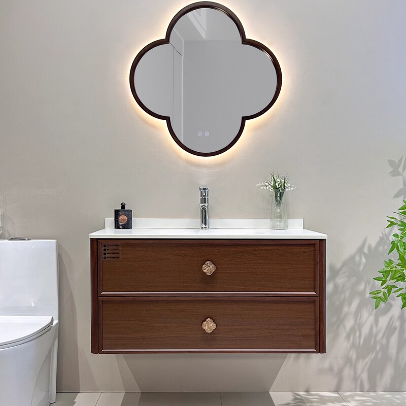 Bathroom Vanity in New Chinese Style with Walnut Wood, Double Drawers, Integrated Ceramic Basin, Bathroom Cabinet, and Washbasin Combination