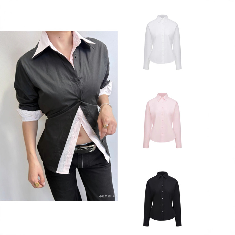 In-Stock Two-Way Wear Waist-Cinching Tie-Up Shirt, Slim-Fit Long-Sleeve Design Top, White/Pink/Black
