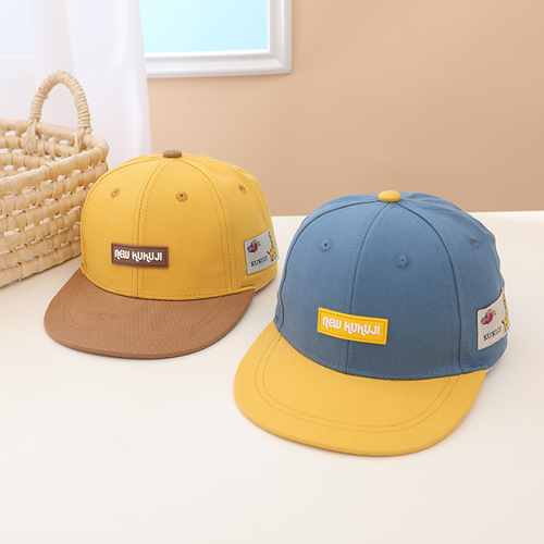  Spring New Children's Duckbill Hat Wholesale Korean Style Leather Brand Hip-Hop Hat Color Block Flat Brim Baseball Cap