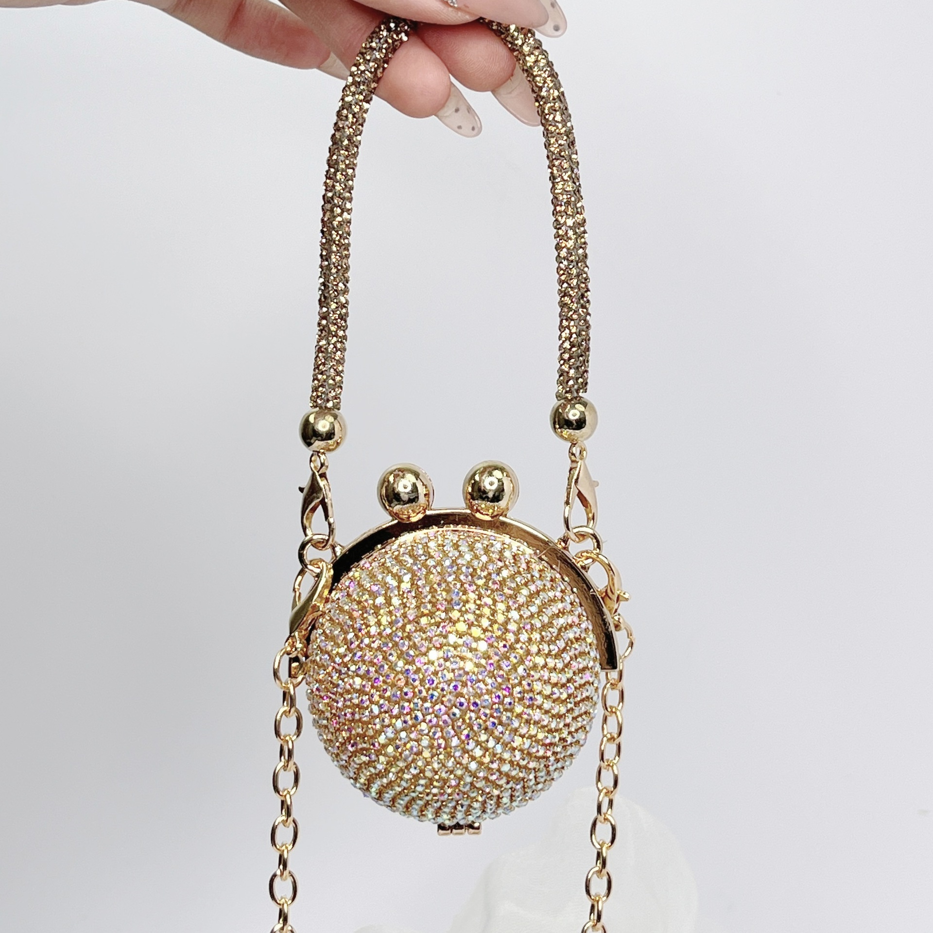 クロスボーダーの美しい円の球形の包みの小さいバラのいっぱいのドリルのドレスの包みの新型の女性の小さいハンドバッグの金属の質の晩餐の包み