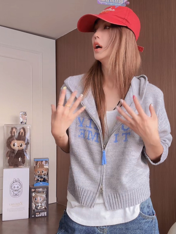 灰色针织开衫女秋季新款双拉链字母绣花连帽上衣短款慵懒毛衣外套|undefined