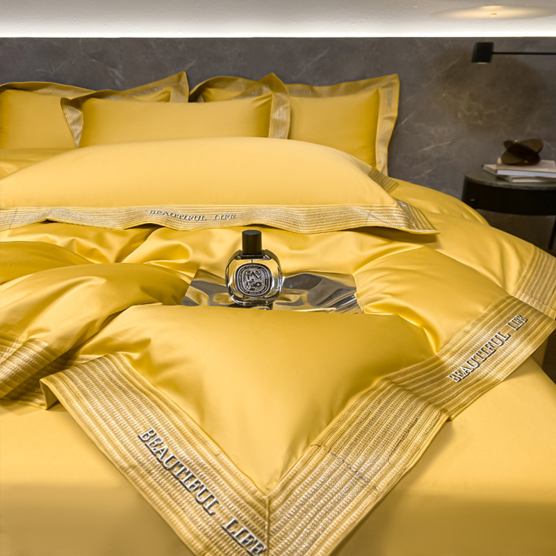 Hotel Golden Yellow 200-Count Xinjiang Long-Staple Cotton Four-Piece Set 100 Pure Cotton Quilt Cover Bed Sheetss High-End Bedding