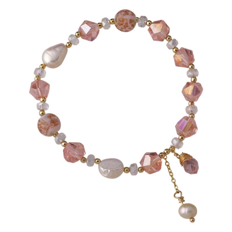 Dulce rosa de cristal pulsera de perlas de agua dulce perla borla pulsera de cristal novias estudiante ins nicho diseño