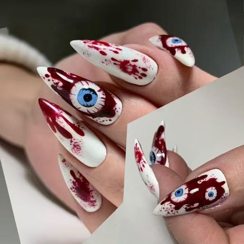 Halloween Horror-Style Bloodshot Eyeball and Palm Print Design Long Pointed Wearable Nail Art False Nails