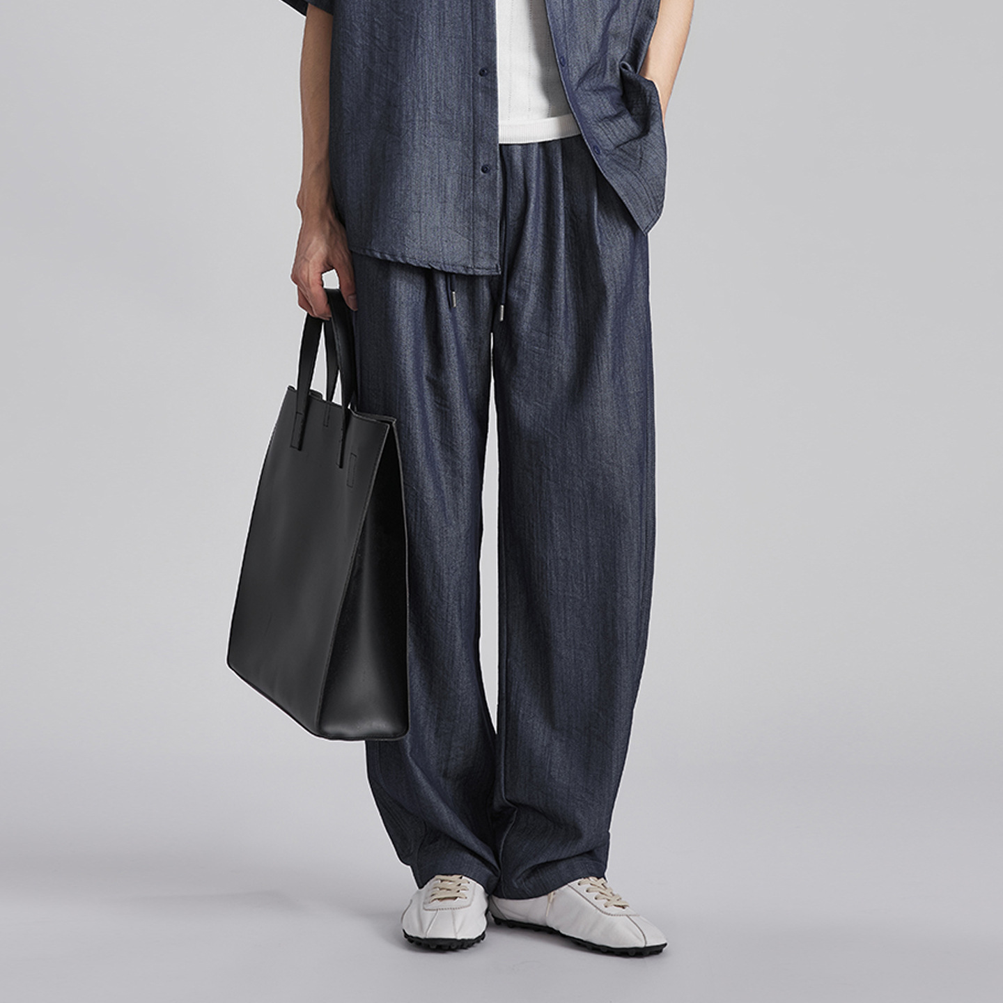Bộ đồ thể thao nam phong cách denim giả, áo sơ mi dài tay phối quần ống rộng — Tây Tạng màu xanh - quần dài