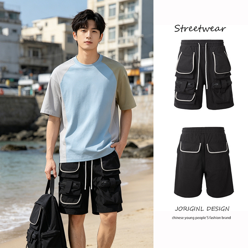 Sports Running Multi-Pocket Zipper Cargo Pants for Men, Summer New Korean Style Loose Straight Casual Shorts for Women