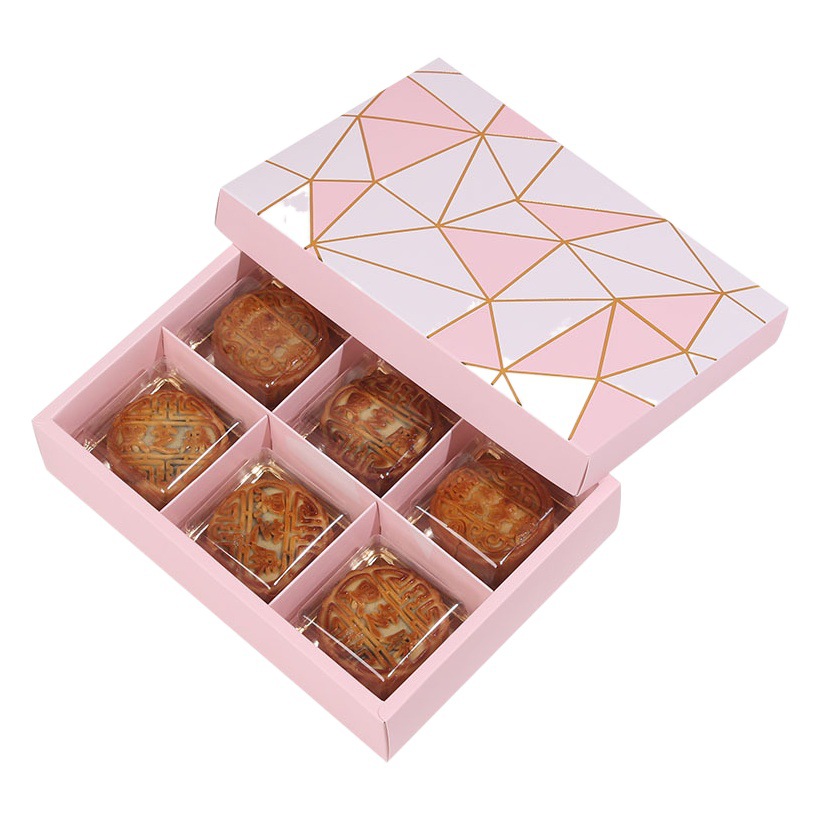 Rosa geométrico dorado 6 tabletas 80g caja de pastel de Luna Festival del Medio Otoño yema de huevo crujiente caja de embalaje para hornear nieve Mei Niang cartón de pastelería