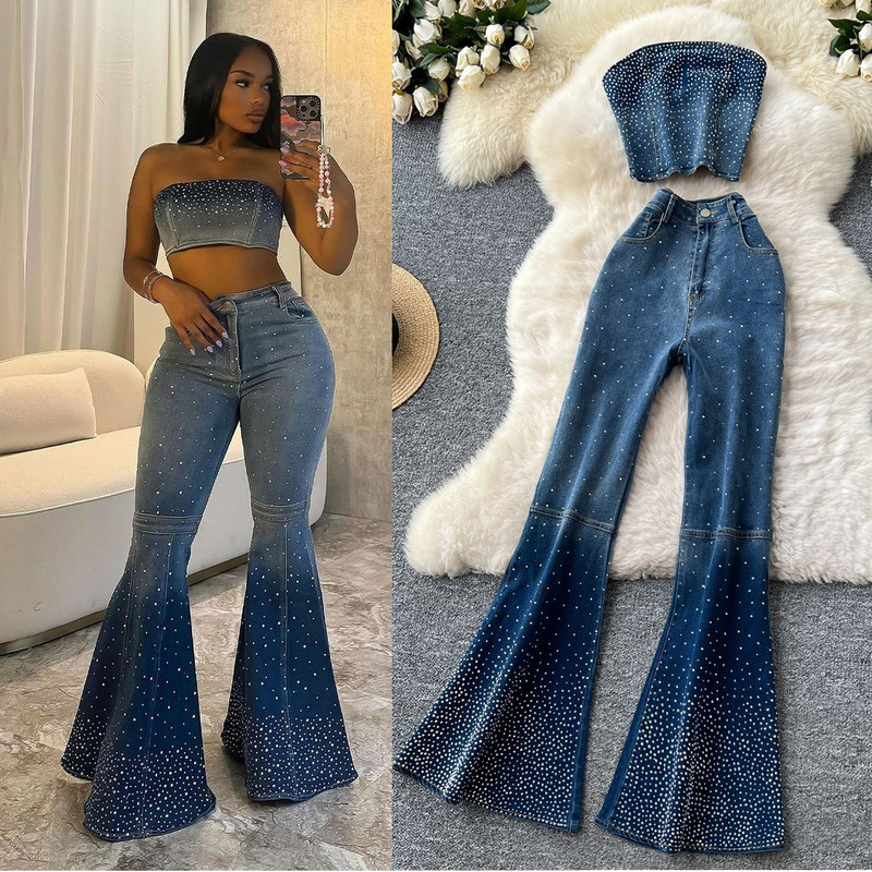 European and American Cross-border Fashion Hot Drilling Denim suit Women's Summer Sleeveless Top Vest High Waist Denim Trousers