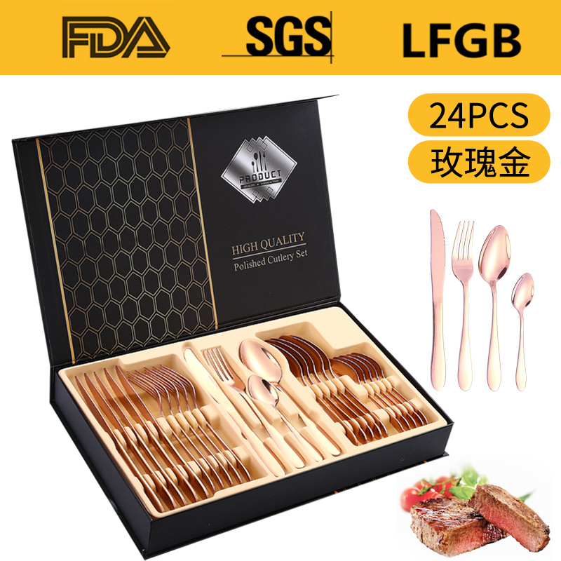 Amazon Tik Tok vajilla de acero inoxidable 24 unidades traje 1012 cuatro piezas principales occidental cuchillo, tenedor y cuchara rack caja regalo