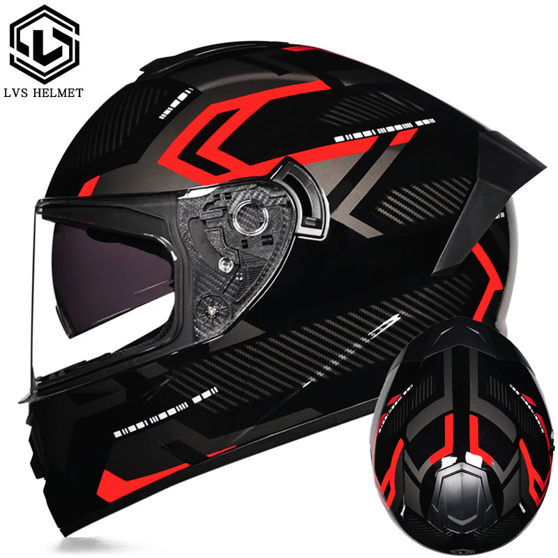 Coche eléctrico con casco completo, casco completo de otoño e invierno, coche eléctrico de carreras de imitación, coche eléctrico masculino, caballero, doble lente, cola larga