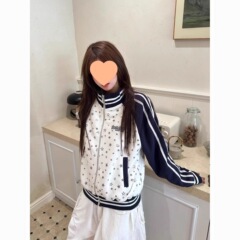 日系条纹撞色插肩袖星星印花卫衣女秋季宽松学院风立领夹克外套女
