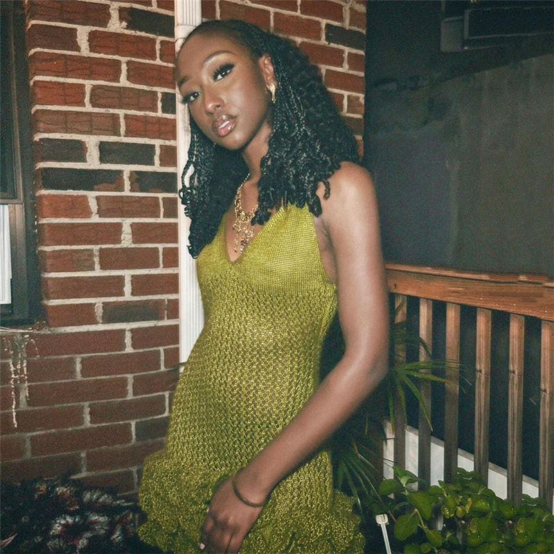 2024 Abito da donna nuovo sexy con bordo auricolare in legno cavo, lavorato a maglia, con fascia avvolgente_voghion.com