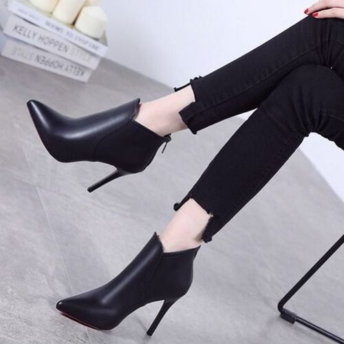 Women's Winter  New High Heel Slim Heel pointed toe short boots with back zipper comfortable moccasin boots with lining