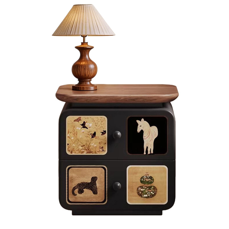 Mesa de cama de madera maciza dormitorio doméstico 2025 explosión nicho sentido de diseño creativo medieval retro cabecera de almacenamiento