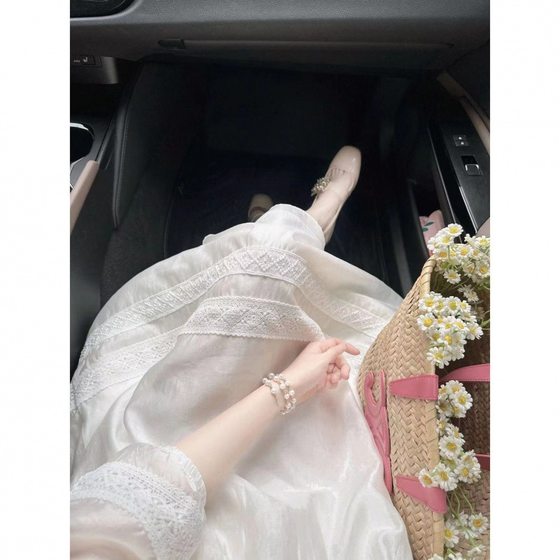 New Women's Dopamine Chiffon Bubble Sleeve White First Love Western Style Lace Court French Super Fairy Over-the-Knee dress