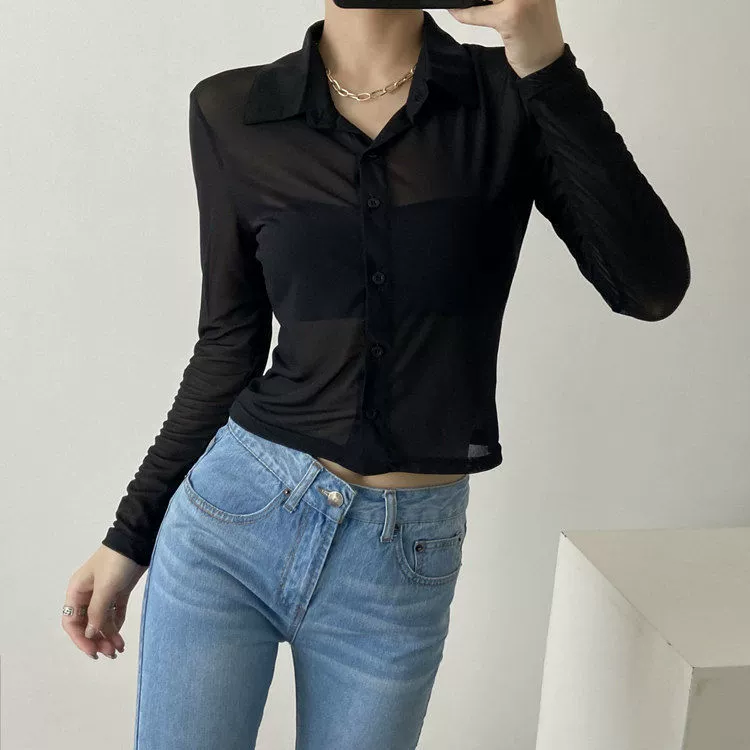 Новая однотонная Сексуальная сетчатая рубашка в европейском и американском стиле на весну и лето, Женская Однорядная рубашка с коротким длинным рукавом и пуговицами