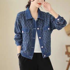 格纹牛仔短外套2023秋新新款文艺简约翻领长袖百搭口袋外套