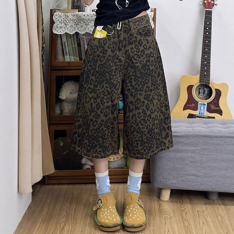 American-Style Leopard Print Denim Shorts for Women, Summer Mid-Length, Plus Size, Loose Fit, Slimming, Wide-Leg Cropped Pants
