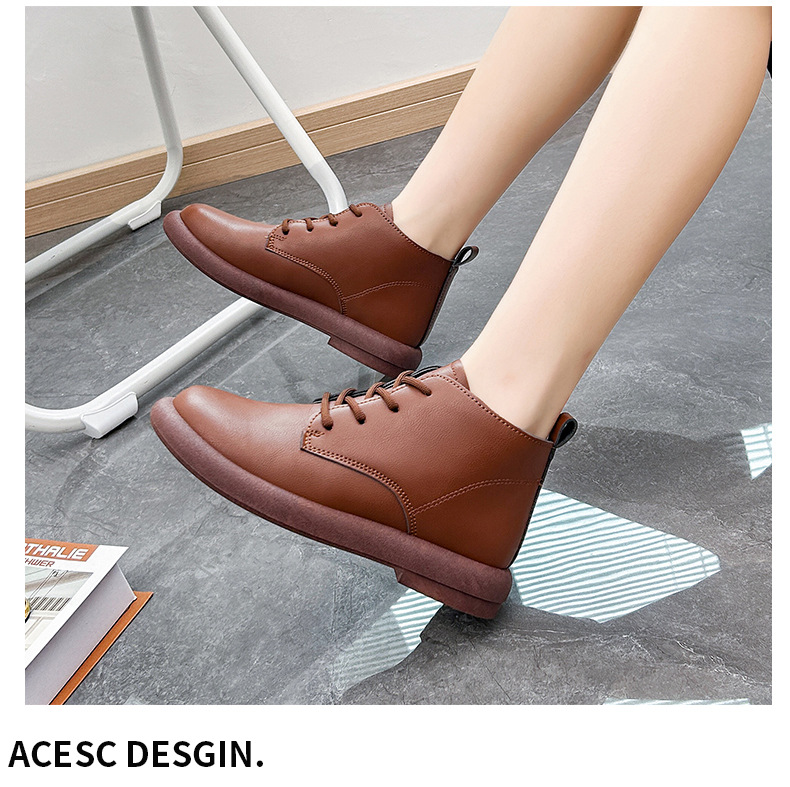 British Style Women's Leather Ankle Boots With Lace Up Thick Sole_voghion.com