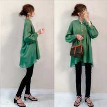 日系外贸女装2025夏季新款长袖纯色棉麻宽松春秋立领系扣上衣女