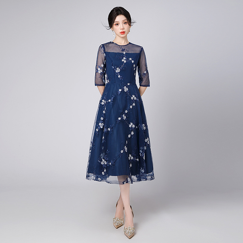 Vestido de noche de encaje 2026, nuevo diseño floral, longitud media, malla, cuello redondo, AliExpress, sitio independiente, vestido petite