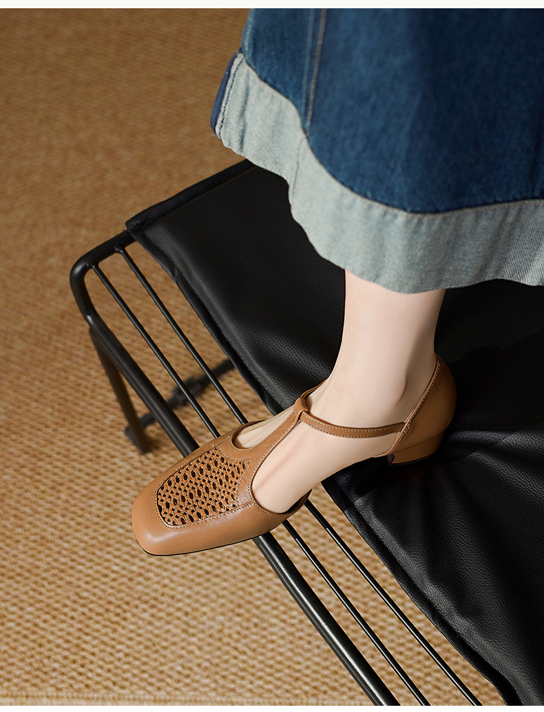 Sandal nữ da cừu thấp gót dệt vintage bít mũi quai chữ T — màu trắng ngà chi tiết 11