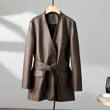 海宁高档皮衣外套女2025春秋冬季新款中长款西装西服加棉加厚外套
