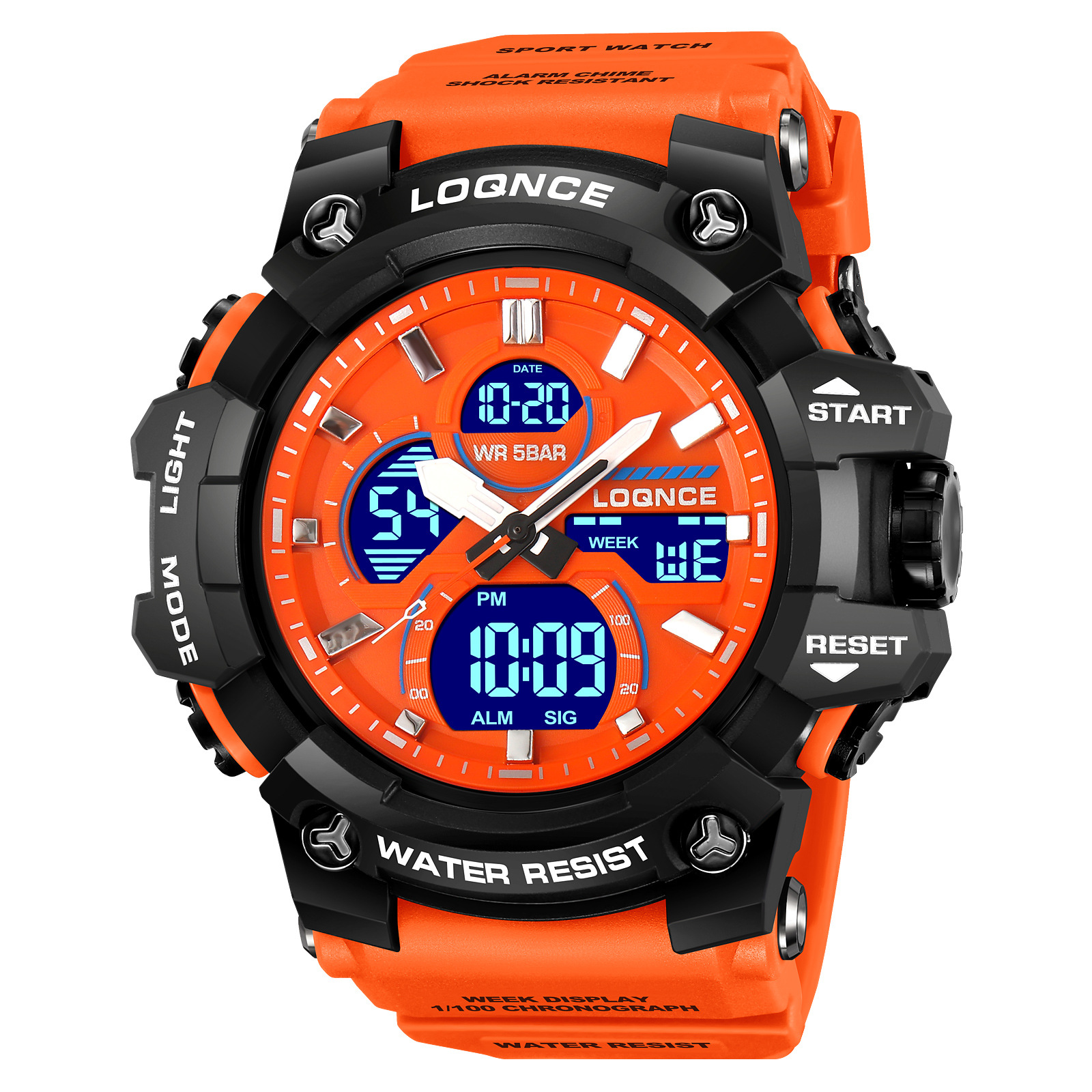LOQNCE gran dial reloj deportivo nocturno electrónico multifunción cronógrafo cinta adhesiva reloj de pulsera 98007