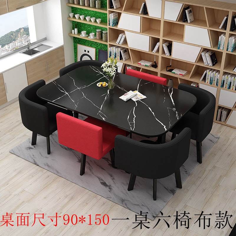 150*90 tablero de piedra negra tela roja y negra, una mesa y seis sillas