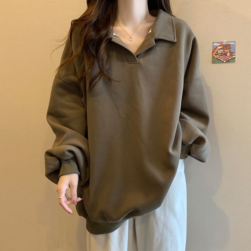 大码女士美式宽松长袖翻领卫衣女秋冬胖mm300斤oversize显瘦上衣|undefined