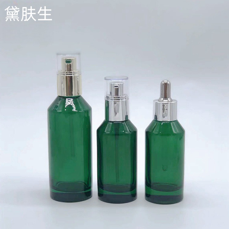 工厂现货绿宝瓶50ml透明厚底精华液玻璃瓶 斜肩原液滴管瓶分装瓶