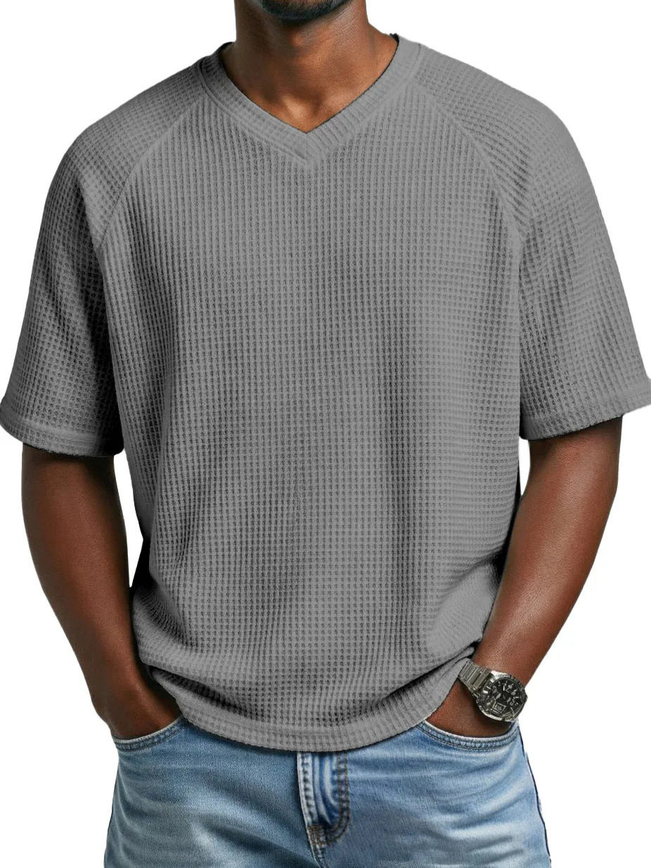 2026 Europa y América primavera y verano estación independiente transfronteriza hombre moda waffle de punto mangas de hombro de cuello en V camiseta de hombre de mangas cortas